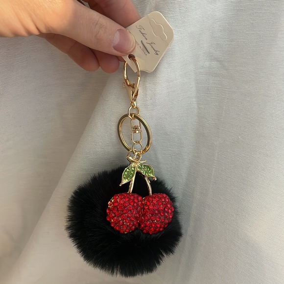 NEW Black Pom with Rhinestone cherry charm luxury style keychain purse charm - Picture 5 of 8
